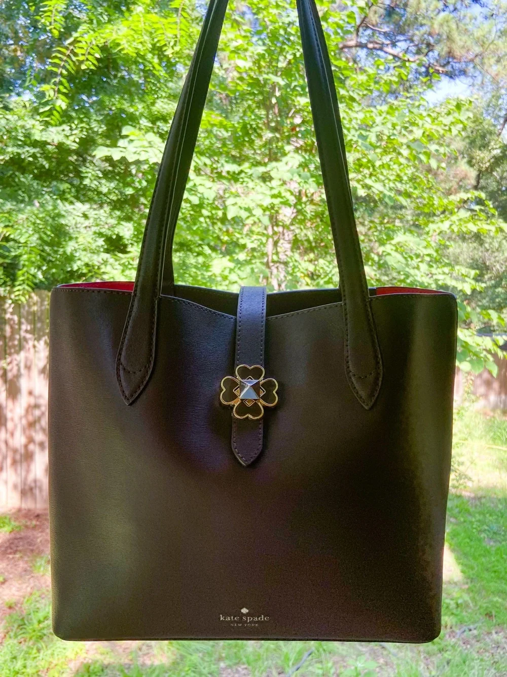 Kate Spade Kaci Small Leather Chocolate Cherry Tote with Clover Turn-Lock